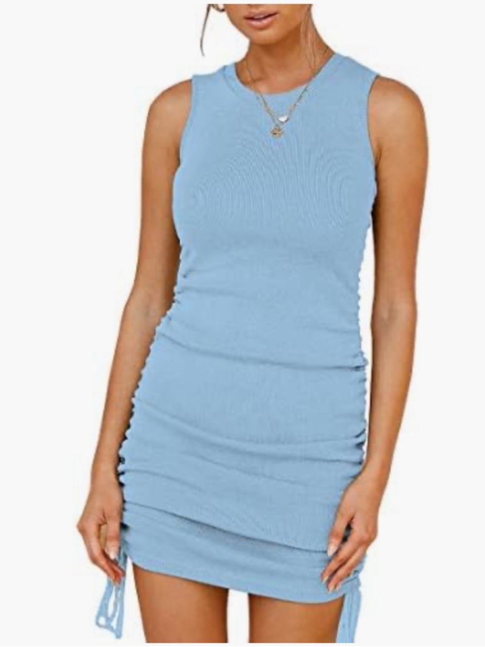 New! Amazon BTFBM Sleeveless Light Blue Ribbed Ruched Bodycon Dress Medium NWT